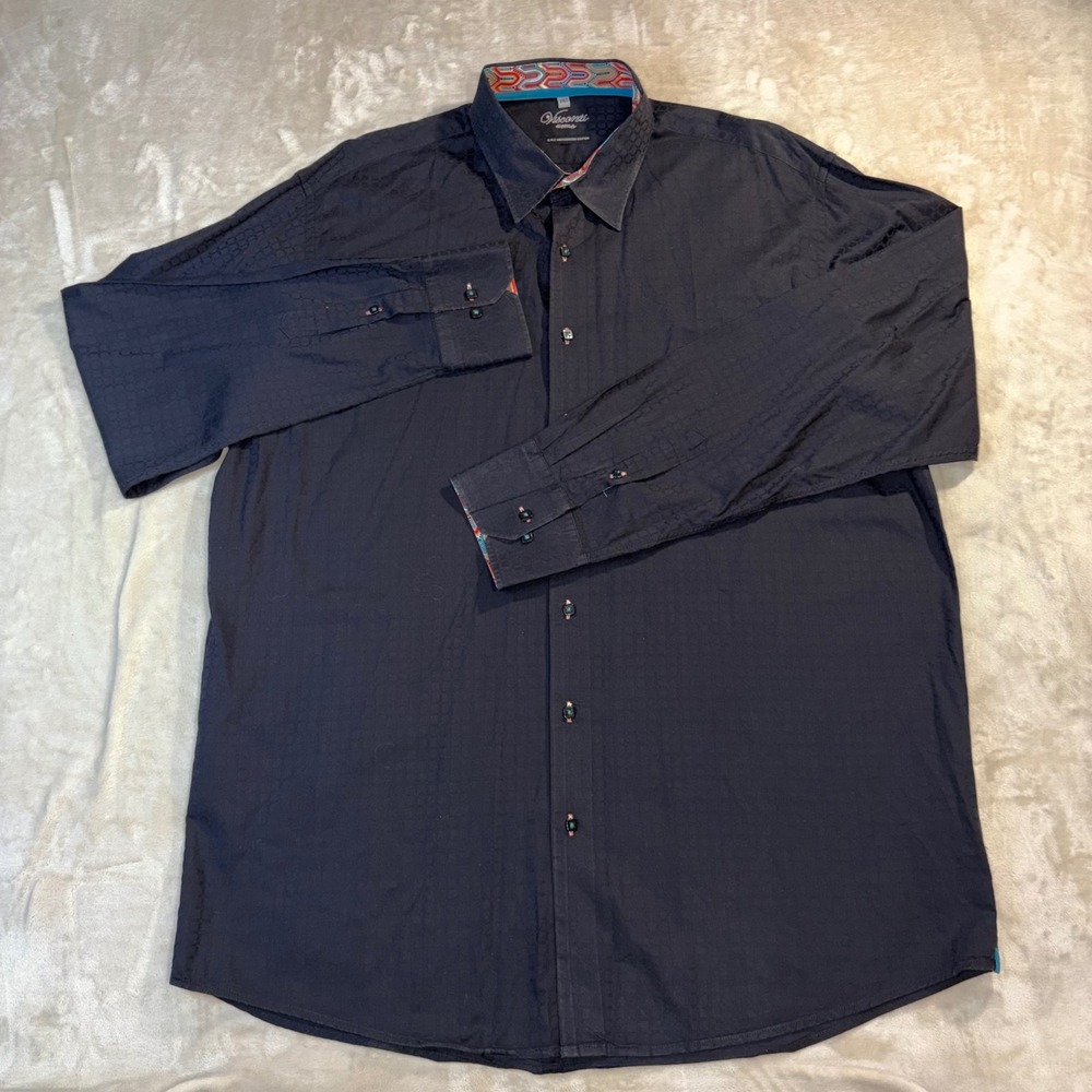 Visconti Uomo Mens 2XLT Black Jacquard Square Pattern Button Down Shirt Tall